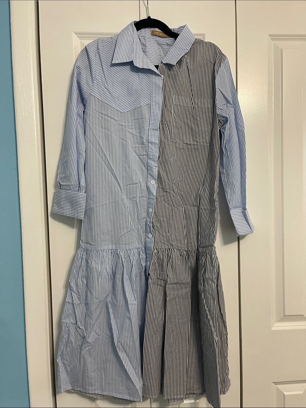 The Middle Striped Button-Front Shirt Dress in Light Blue and Navy